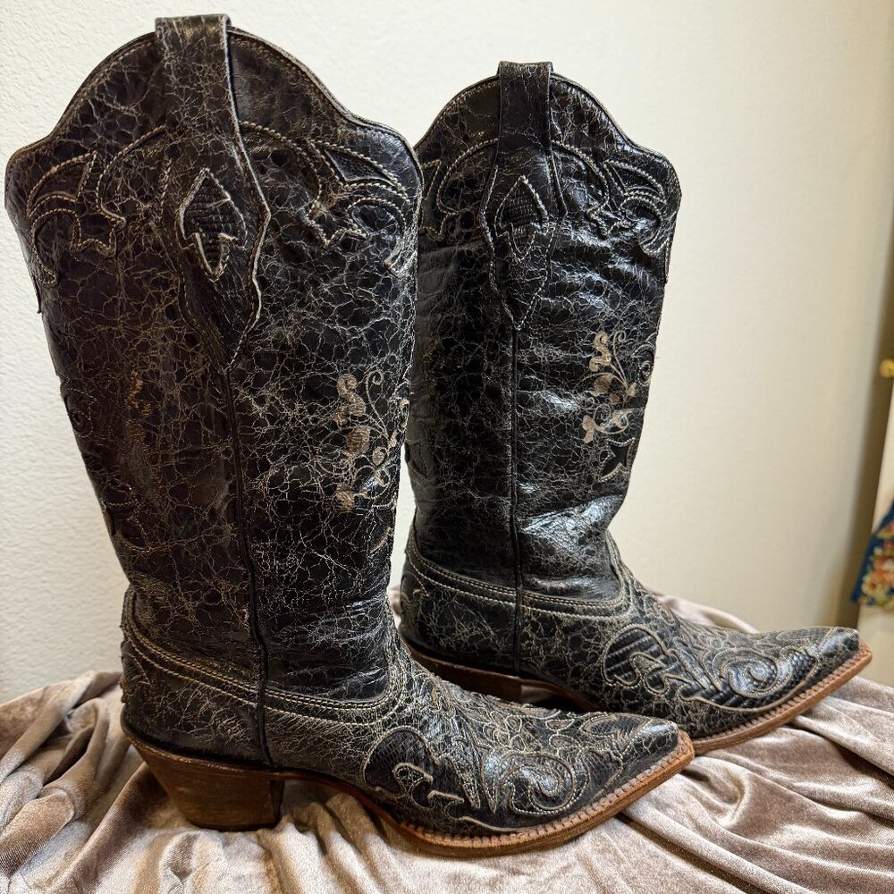 COWBOY BOOTS BLACK LTHR W/LIZARD INLAY 8.5 CORRAL POINTED WESTERN countrycore - Picture 4 of 15